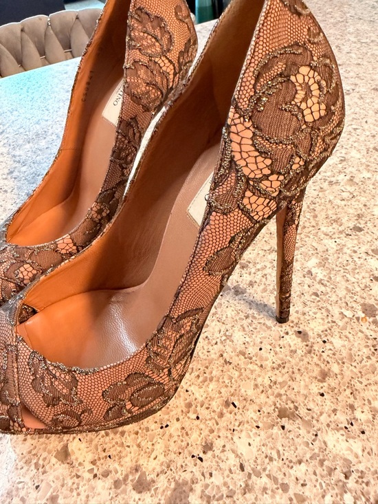 Valentino Shoes - Valentino Designer Lace Peep-Toe Pumps in Nude Brown